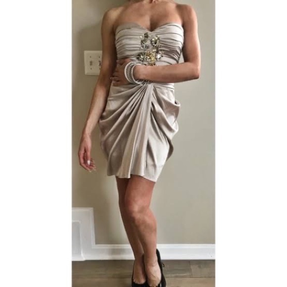 Bebe Silk Champagne Beaded Sequin Embellished Corset Tulip Cocktail Party Dress - Picture 2 of 11